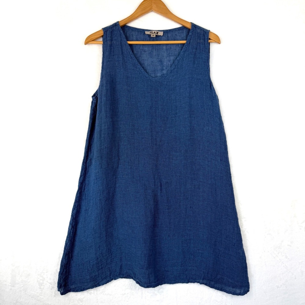 FLAX Womens Blue 100% Linen Sleeveless V-Neck Tunic Top Size S Made in Lithuania